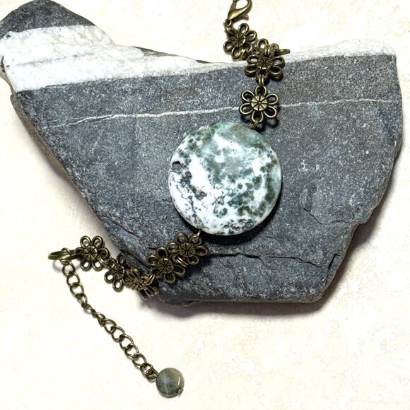 2/$20, Genuine White Green Tree Agate Bracelet, Gemstone + Antique Bronze Flower - Picture 7 of 12